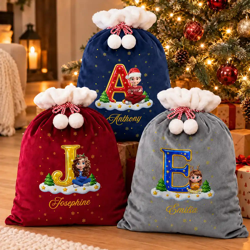Christmas, Family, Happy, Vector - Christmas Gifts For Family Kids - Personalized Monogram With Character Velvet Favor Bag
