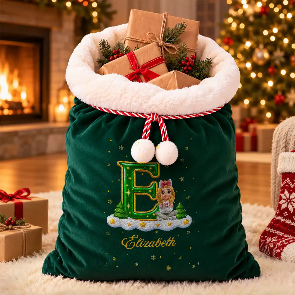 Christmas, Family, Happy, Vector - Christmas Gifts For Family Kids - Personalized Monogram With Character Velvet Favor Bag