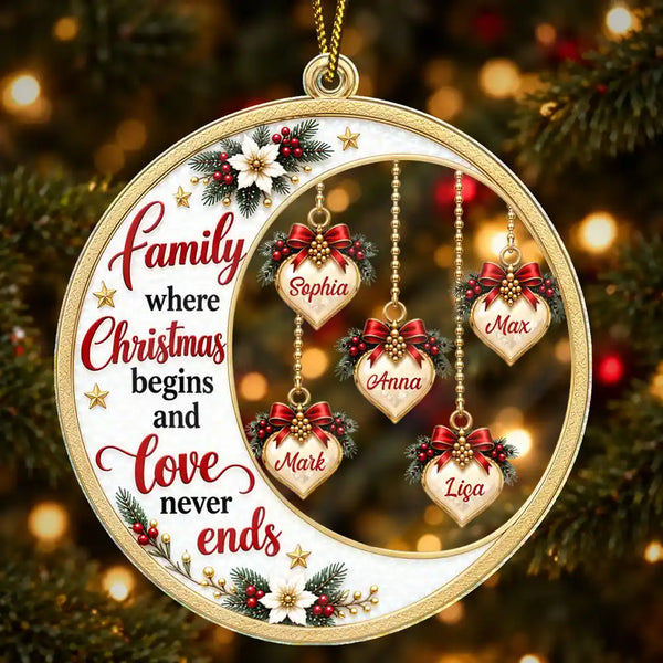 Christmas,Family,Icon,Sentimental - Christmas Gift For Parents, Grandparents - Personalized Heart Names Family Where Christmas Begins And Love Never Ends Acrylic Ornament