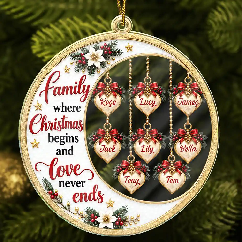Christmas,Family,Icon,Sentimental - Christmas Gift For Parents, Grandparents - Personalized Heart Names Family Where Christmas Begins And Love Never Ends Acrylic Ornament