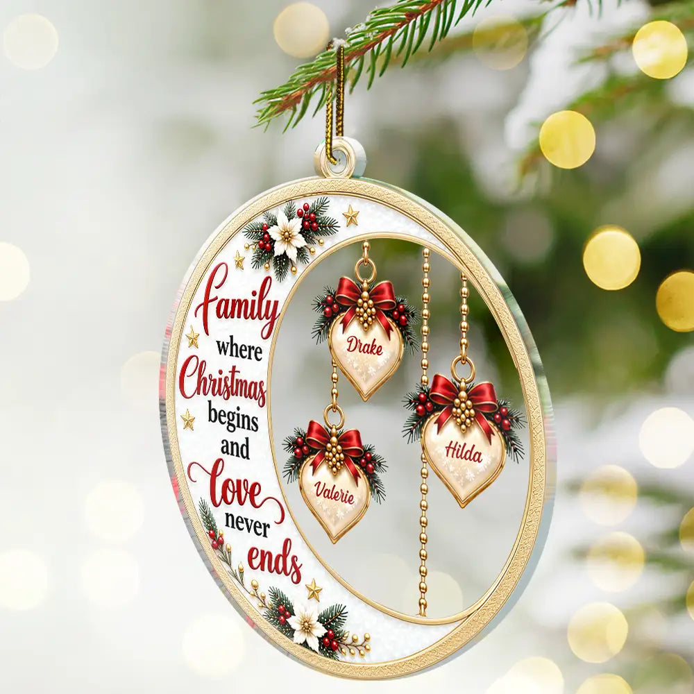 Christmas,Family,Icon,Sentimental - Christmas Gift For Parents, Grandparents - Personalized Heart Names Family Where Christmas Begins And Love Never Ends Acrylic Ornament