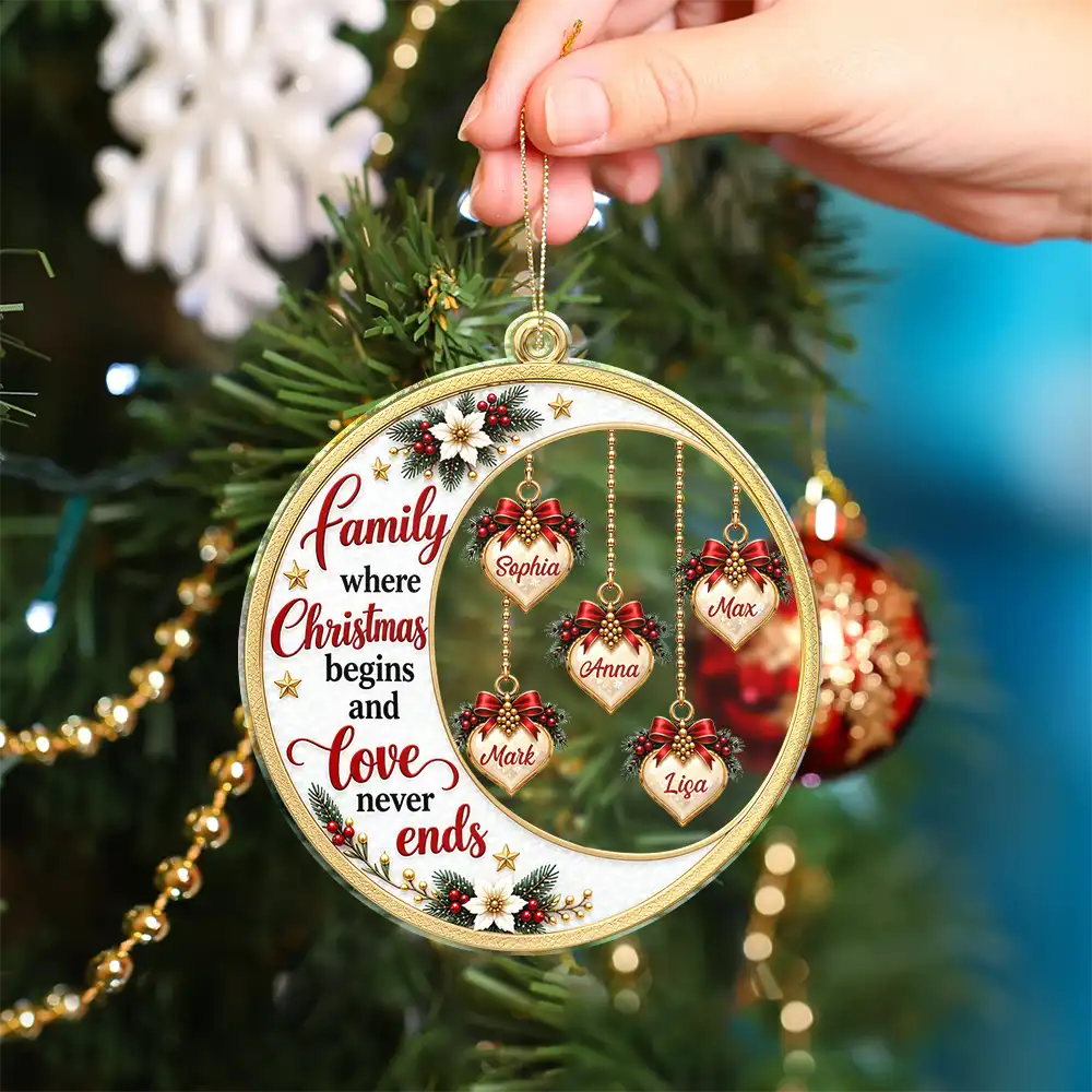 Christmas,Family,Icon,Sentimental - Christmas Gift For Parents, Grandparents - Personalized Heart Names Family Where Christmas Begins And Love Never Ends Acrylic Ornament