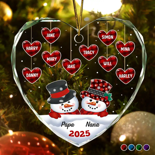 Papa Nana Snowman Christmas Grandparents - Personalized Heart Shaped Glass Ornament