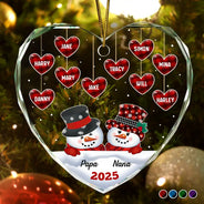 Papa Nana Snowman Christmas Grandparents - Personalized Heart Shaped Glass Ornament