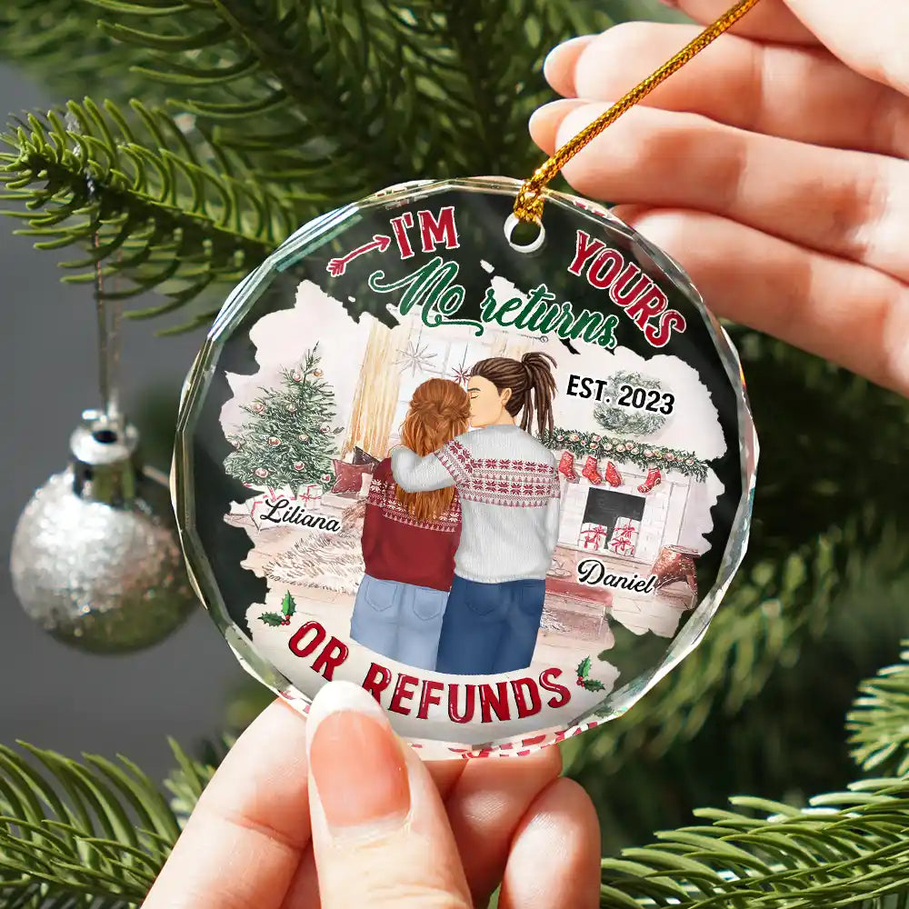 Christmas,Gift For Couples,Gift For Husband,Gift For Wife,Continue Shopping,Funny - Forehead Kissing Couple I'm Yours No Returns Or Refunds - Personalized Circle Glass Ornament