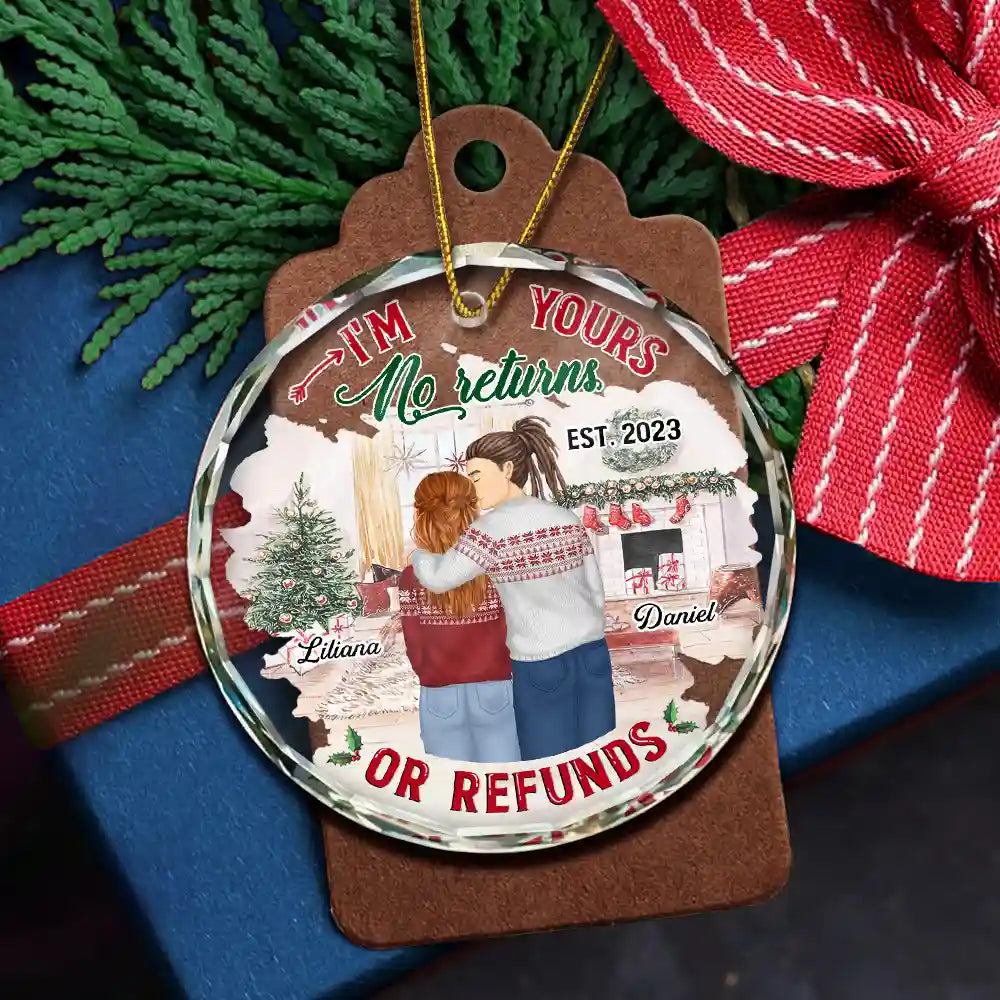 Christmas,Gift For Couples,Gift For Husband,Gift For Wife,Continue Shopping,Funny - Forehead Kissing Couple I'm Yours No Returns Or Refunds - Personalized Circle Glass Ornament