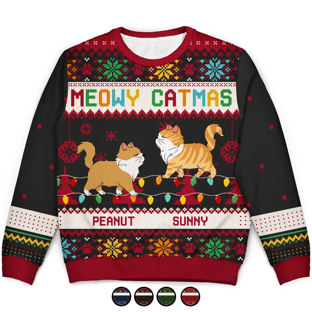 Christmas Funny Walking Cats Meowy Catmas Happy Pawlidays - Personalized Unisex Ugly Sweater