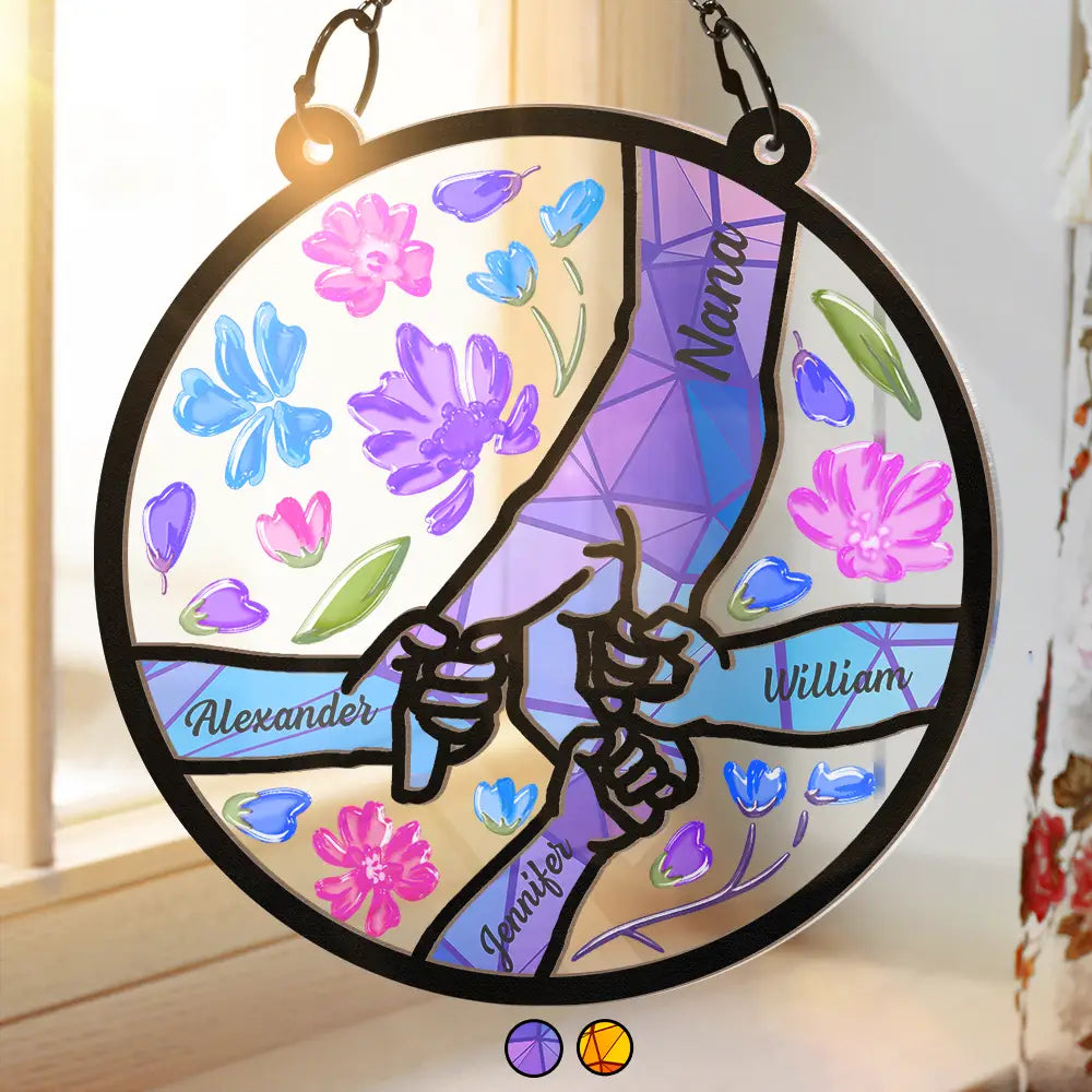 Hand In Hand Grandma Grandpa Grandkids - Personalized Window Hanging Suncatcher Ornament