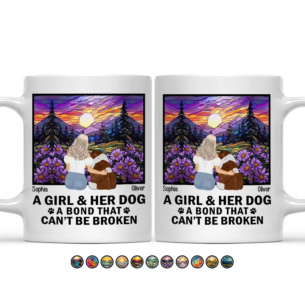 Flower Field A Girl And Her Dog And Cat - Personalized Mug