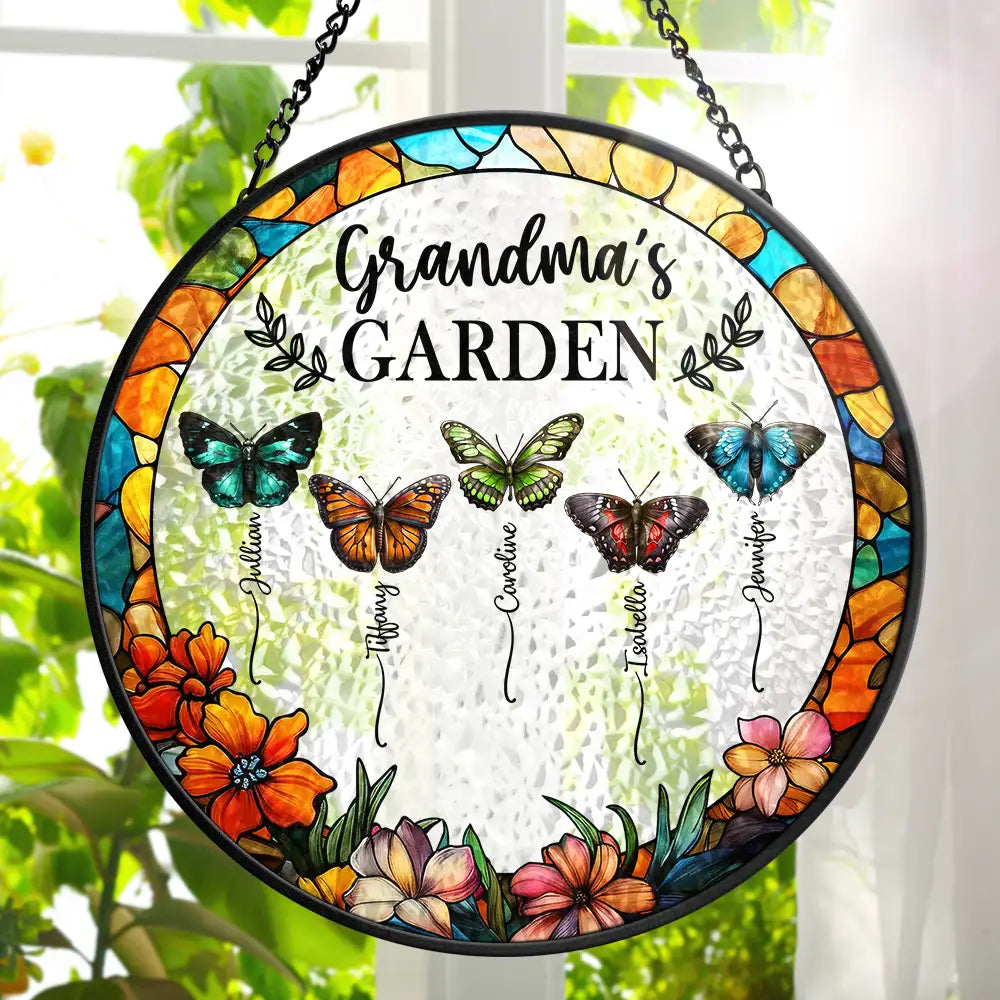 Grandma's Garden Butterflies - Personalized Stained Glass Window Hanging Suncatcher