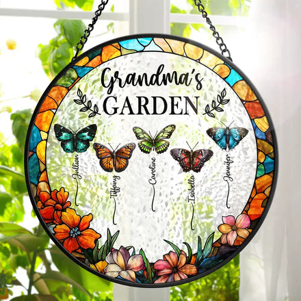 Grandma's Garden Butterflies - Personalized Stained Glass Window Hanging Suncatcher
