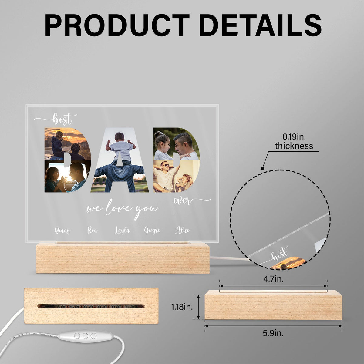 Custom Photo Best Dad Ever - Gift For Dad, Father, Grandpa - Personalized Custom 3D Led Light Wooden Base