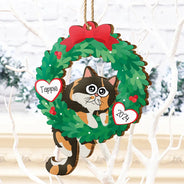 Christmas Wreath Hanging Cat - Personalized Wooden Cutout Ornament