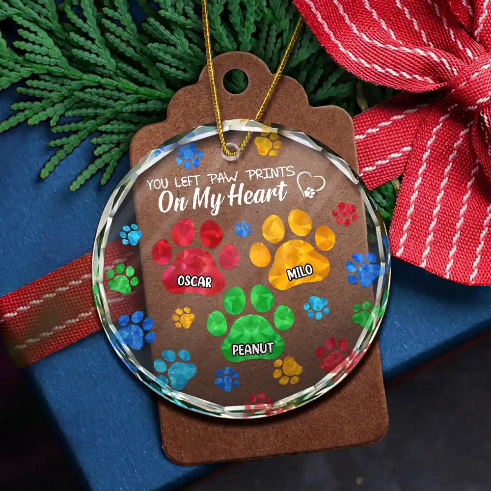 Memorial, Pet Lovers, Dog Lovers, Cat Lovers - Memorial Cat Dog You Left Paw Prints On My Heart - Personalized Circle Glass Ornament