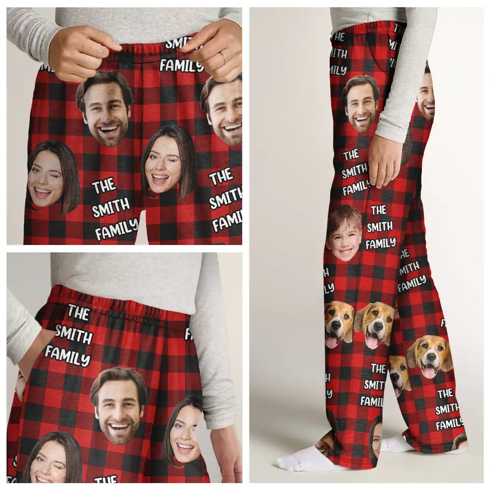 Family, Pet Lovers, Dog Lovers, Cat Lovers, Gift For Kids - Custom Photo Funny Family Pet Face Plaid Pattern - Personalized Pajama Pants
