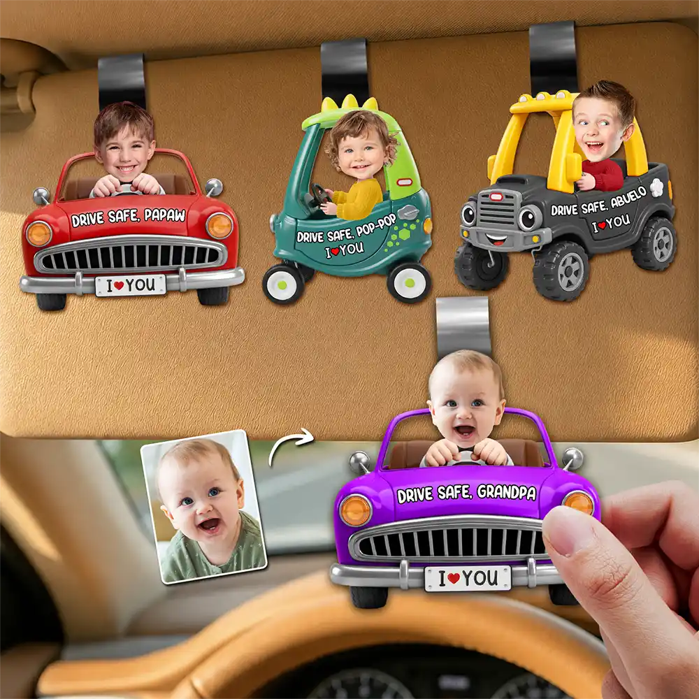 Gift For Father,Gift For Grandpa,Top Market,Photo,Icon,Adorable - Custom Photo Drive Safe Dad Papa 3D Effect Funny Car - Personalized Custom Shaped Car Visor Clip