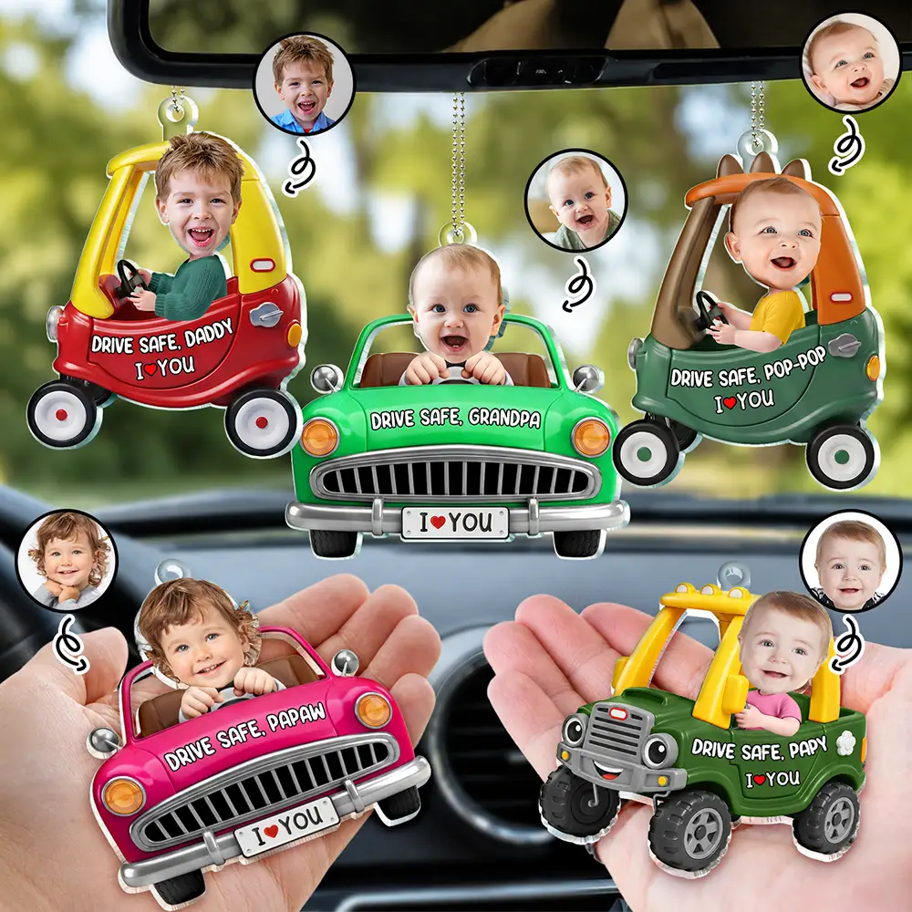 Gift For Father,Gift For Grandpa,Photo,Icon,Adorable - Custom Photo Drive Safe Dad Papa 3D Effect Funny Car - Personalized Acrylic Car Hanger