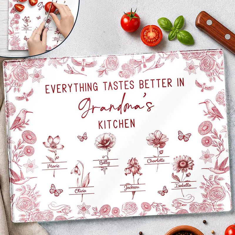 Everything Tastes Better In Mom Grandma Kitchen Toile Birth Flower - Personalized Cutting Board