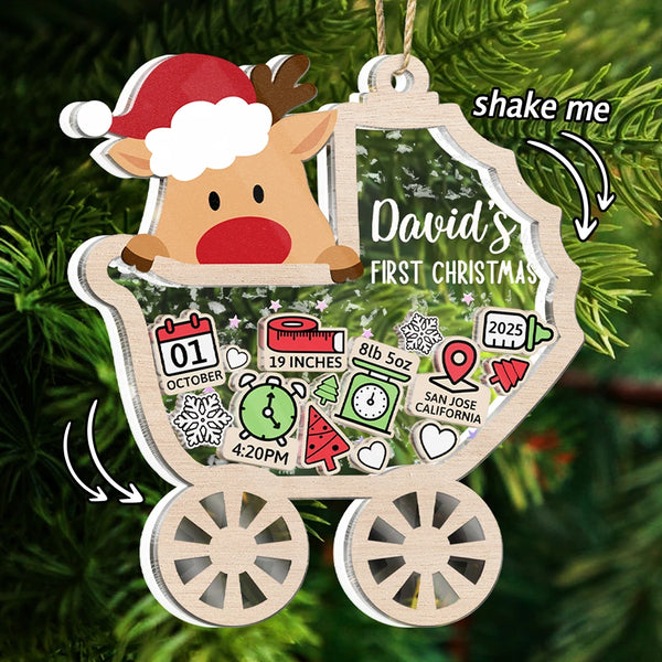 Christmas,New Dad,New baby,New Mom,Happy - Baby Carriage New Baby Information Keepsake - Personalized 3-Layered Acrylic Shaker Ornament