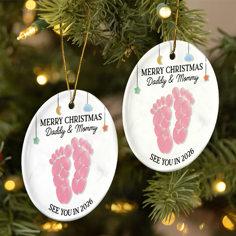 Christmas,Pregnant Mom - Baby Expecting See You In Soon Feet Stones - Personalized Circle Ceramic Ornament