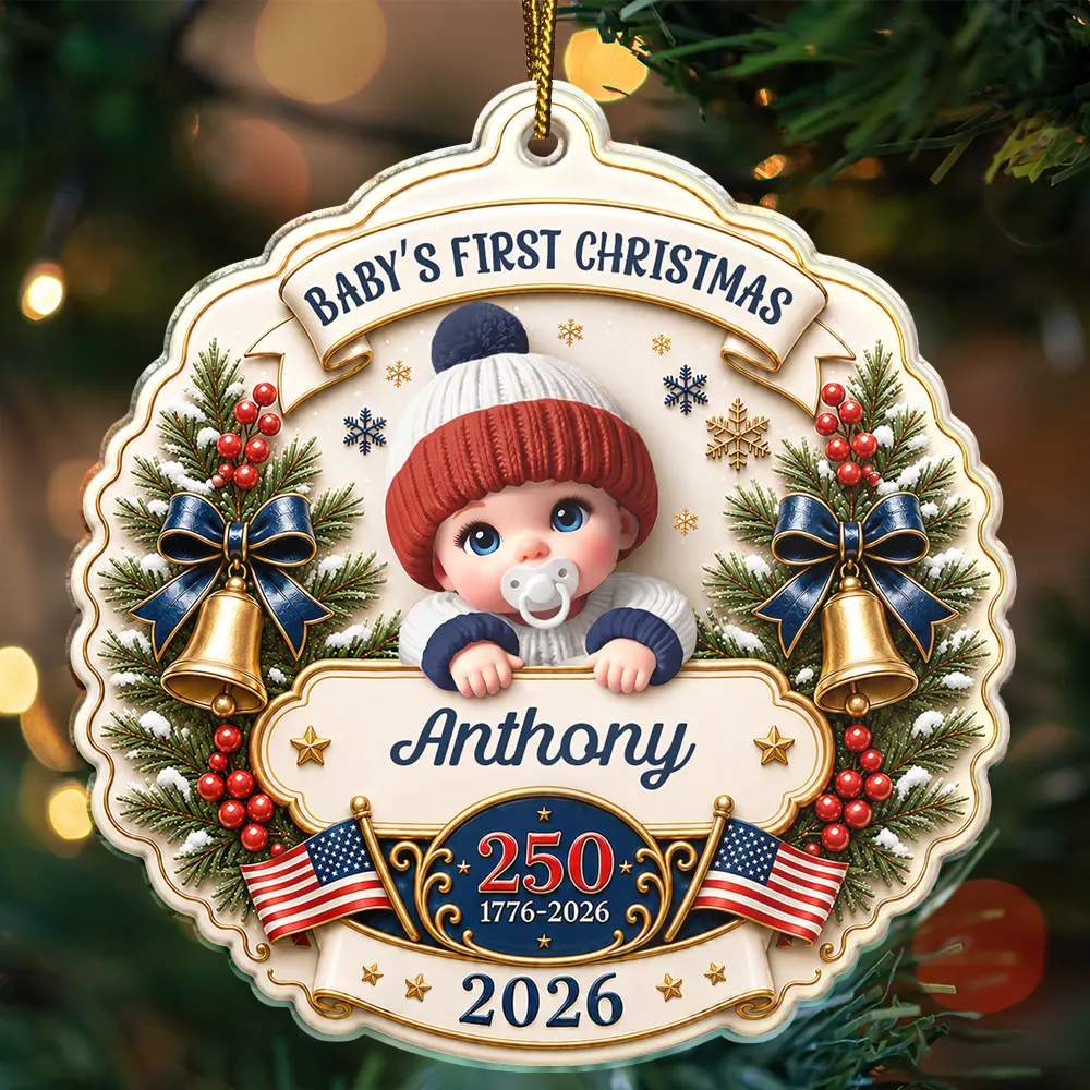 Top Market,Adorable,Independence Day,New Mom,America 250th,Christmas,Gift For Mother,Vector - Baby First Christmas America 250th Anniversary - Personalized Custom Shaped Acrylic Ornament