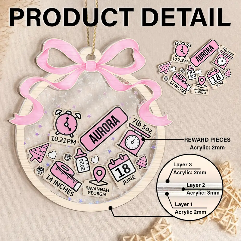 Adorable,New Mom,Christmas,Gift For Mother,Icon - Baby First Christmas Coquette - Personalized 3-Layered Acrylic Shaker Ornament