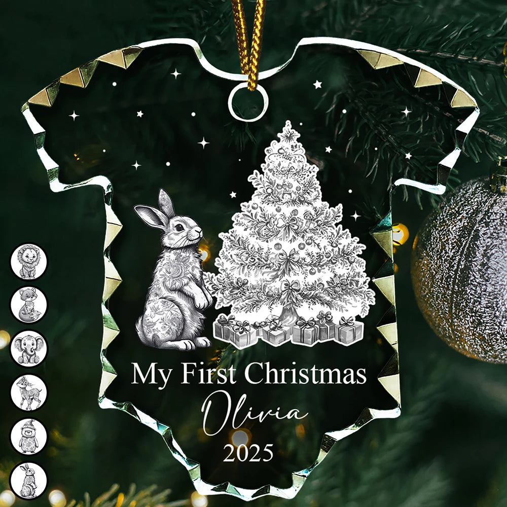 Christmas,New Dad,New baby,New Mom,Happy - Baby First Christmas Toile Pattern - Personalized Onesie Shaped Glass Ornament