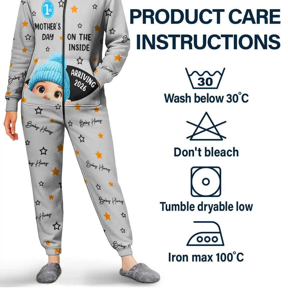 Pregnant Mom, Happy, Expecting Dad - Baby First Year On The Inside With Mom - Personalized Overall Onesie Hooded Jumpsuit