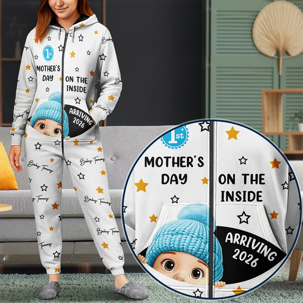 Pregnant Mom, Happy, Expecting Dad - Baby First Year On The Inside With Mom - Personalized Overall Onesie Hooded Jumpsuit