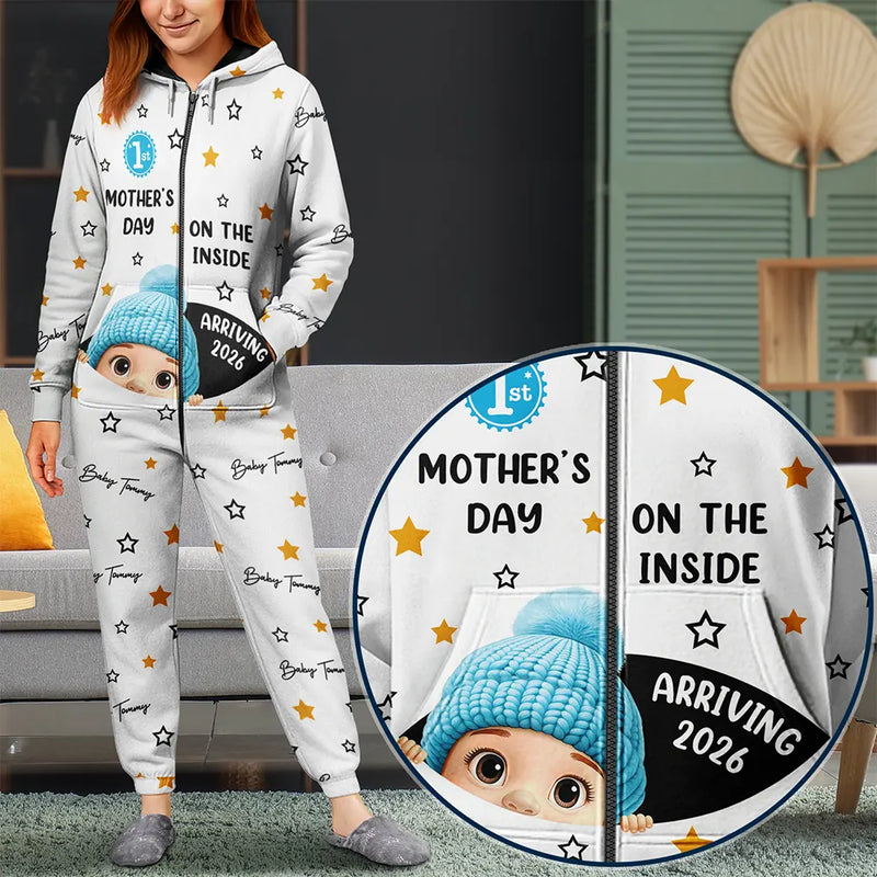 Pregnant Mom, Happy, Expecting Dad - Baby First Year On The Inside With Mom - Personalized Overall Onesie Hooded Jumpsuit