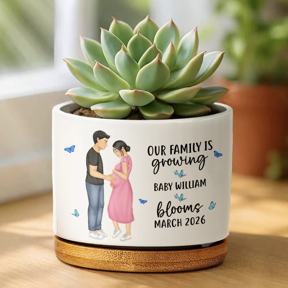 New Mom,New baby,Gift For Mother,Happy,Vector - Baby Growing Blooming New Parents - Personalized Ceramic Plant Pot
