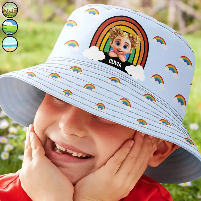 Gift For Kids,Gift For Daughter,Gift For Son,Happy - Baby Kid With Rainbow - Personalized Bucket Hat