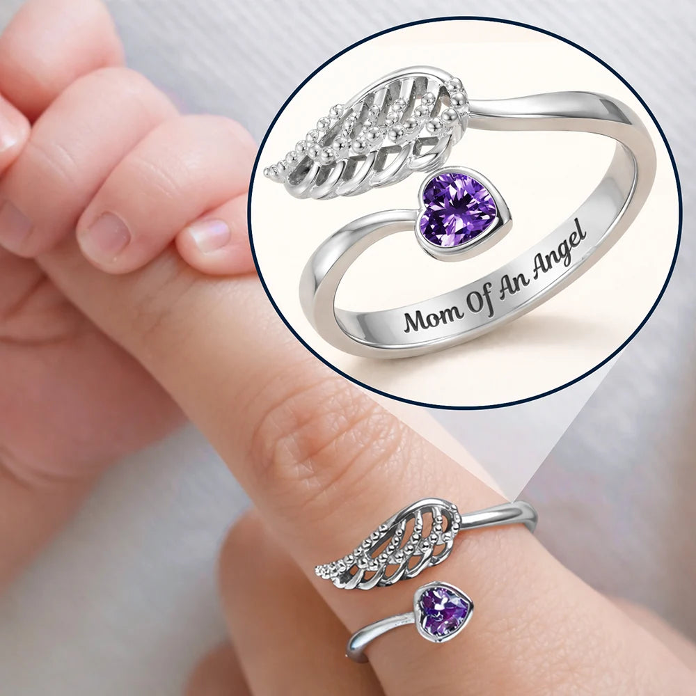Baby Loss Mom Of An Angel - Personalized Wing And Heart Birthstone Ring