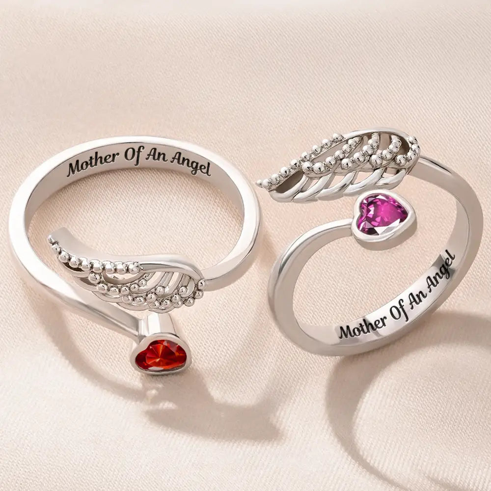 Memorial, New baby, New Mom, Sad - Baby Loss Mom Of An Angel - Personalized Wing And Heart Birthstone Ring