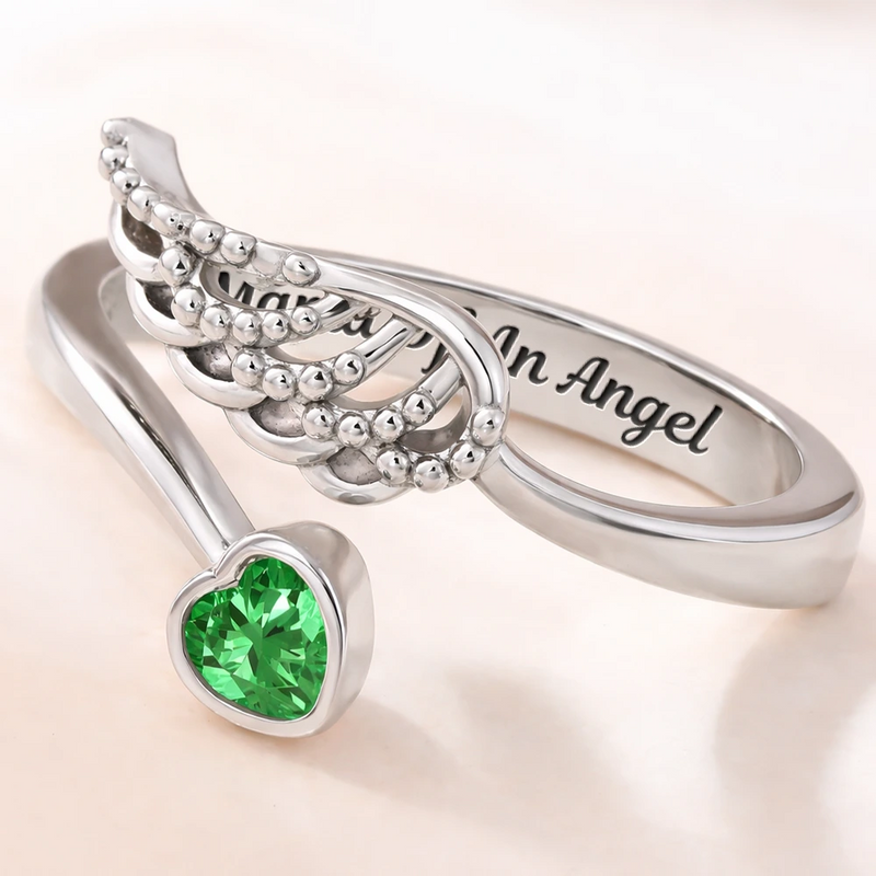 Memorial, New baby, New Mom, Sad - Baby Loss Mom Of An Angel - Personalized Wing And Heart Birthstone Ring