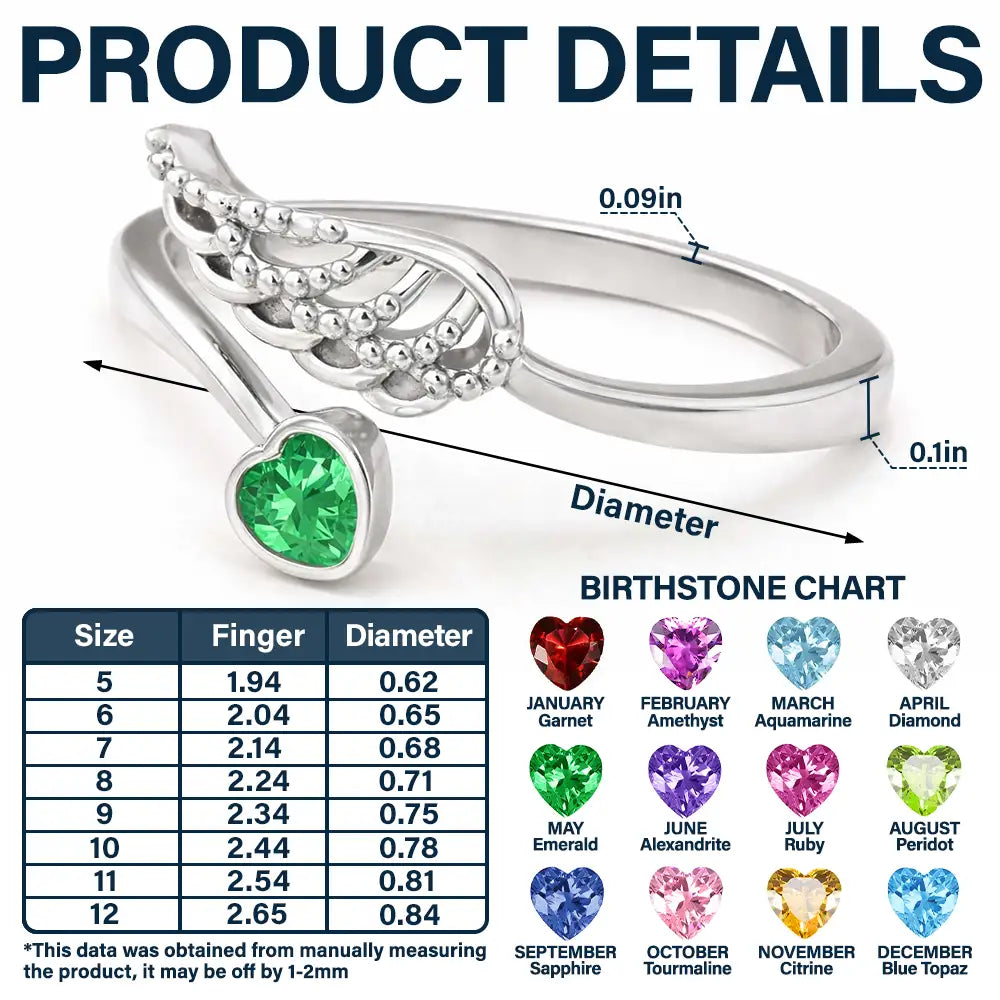 Memorial, New baby, New Mom, Sad - Baby Loss Mom Of An Angel - Personalized Wing And Heart Birthstone Ring