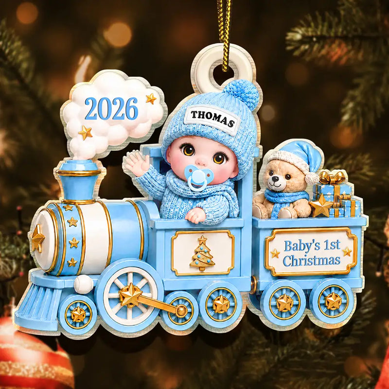 Adorable,New Mom,Christmas,Gift For Mother,Vector - Baby On Toy Train First Christmas - Personalized Custom Shaped Acrylic Ornament