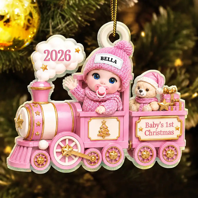Adorable,New Mom,Christmas,Gift For Mother,Vector - Baby On Toy Train First Christmas - Personalized Custom Shaped Acrylic Ornament