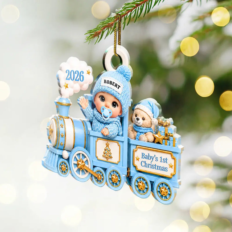Adorable,New Mom,Christmas,Gift For Mother,Vector - Baby On Toy Train First Christmas - Personalized Custom Shaped Acrylic Ornament
