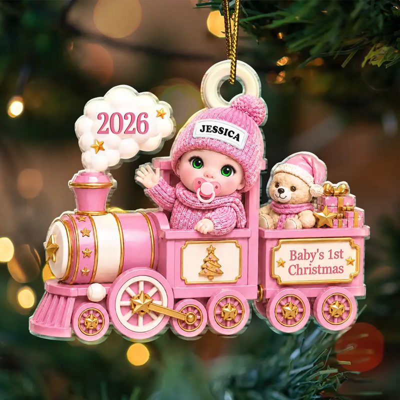 Adorable,New Mom,Christmas,Gift For Mother,Vector - Baby On Toy Train First Christmas - Personalized Custom Shaped Acrylic Ornament