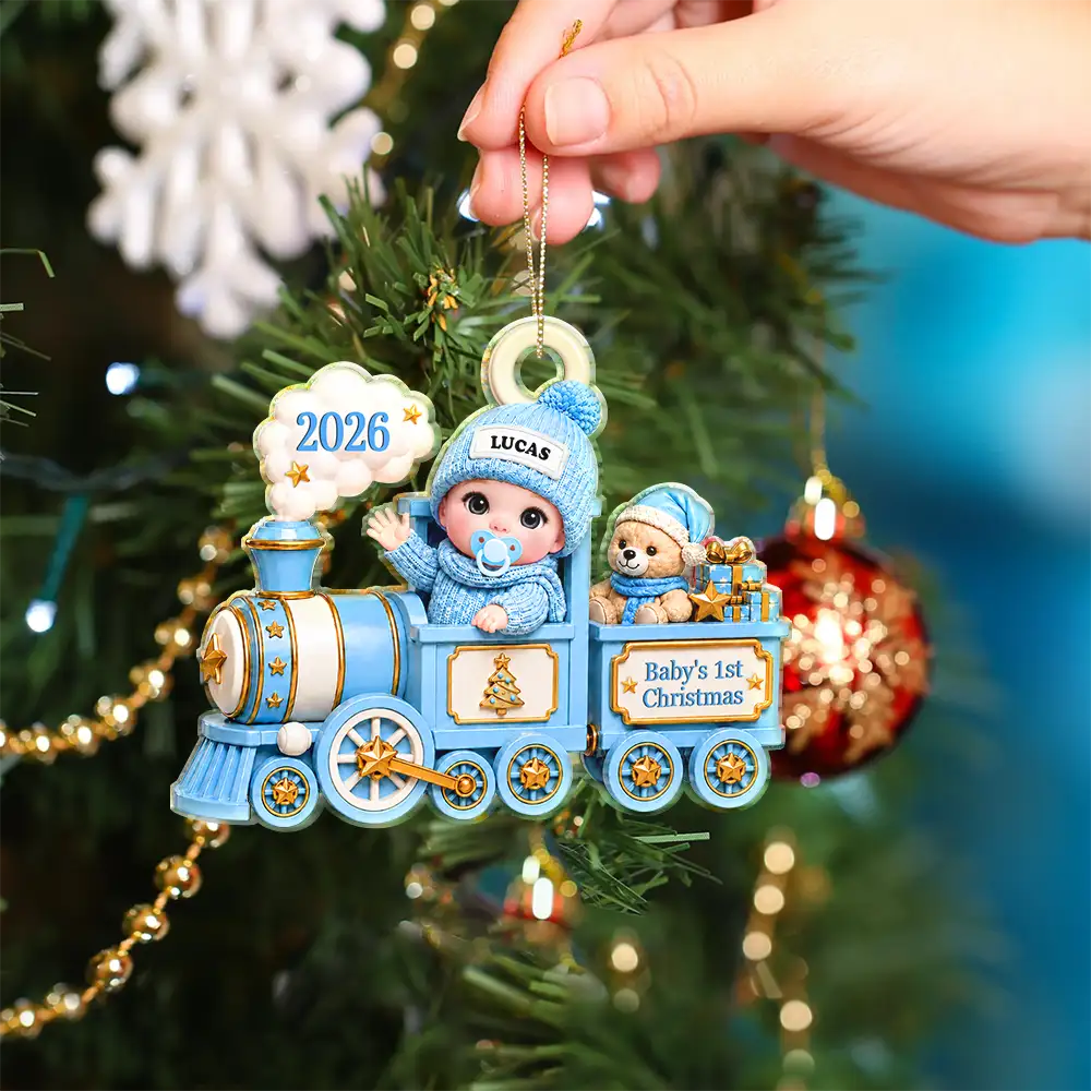 Adorable,New Mom,Christmas,Gift For Mother,Vector - Baby On Toy Train First Christmas - Personalized Custom Shaped Acrylic Ornament