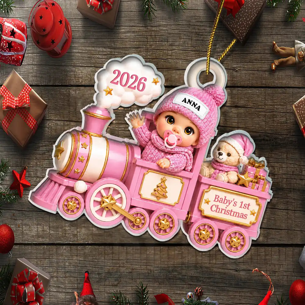 Adorable,New Mom,Christmas,Gift For Mother,Vector - Baby On Toy Train First Christmas - Personalized Custom Shaped Acrylic Ornament