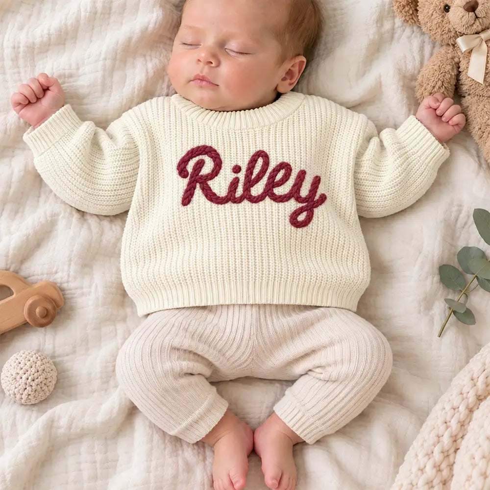 Adorable,Christmas,Custom Text,Gift For Baby,New Baby - Baby Shower Gift For Newborn - Personalized Hand Embroidered Kid Name Knit Sweater