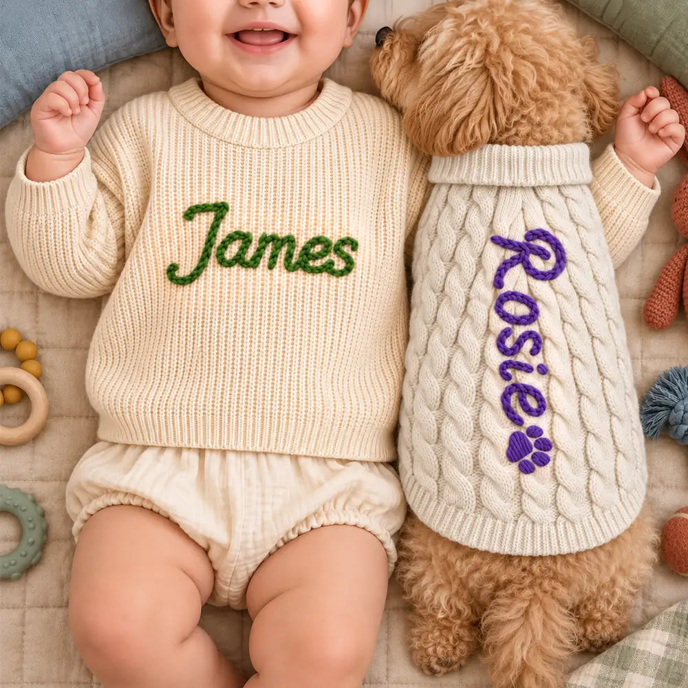 Adorable,Christmas,Custom Text,Gift For Baby,New Baby - Baby Shower Gift For Newborn - Personalized Hand Embroidered Kid Name Knit Sweater