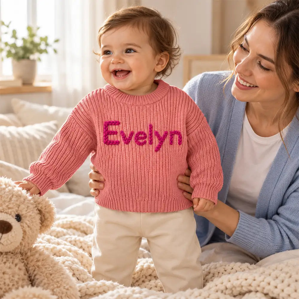 Adorable,Christmas,Custom Text,Gift For Baby,New Baby - Baby Shower Gift For Newborn - Personalized Hand Embroidered Kid Name Knit Sweater