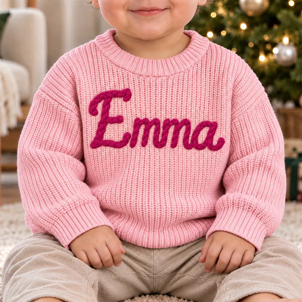 Adorable,Christmas,Custom Text,Gift For Baby,New Baby - Baby Shower Gift For Newborn - Personalized Hand Embroidered Kid Name Knit Sweater