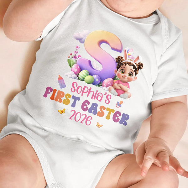 Easter,Gift For Kids,Grandma,Grandkids,Gift For Grandkids,Grandpa,Dad,Children,Mom,Happy - Baby Sitting With Easter Alphabet Letters - Personalized Baby Onesie