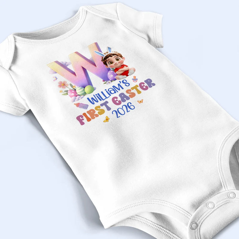 Easter,Gift For Kids,Grandma,Grandkids,Gift For Grandkids,Grandpa,Dad,Children,Mom,Happy - Baby Sitting With Easter Alphabet Letters - Personalized Baby Onesie