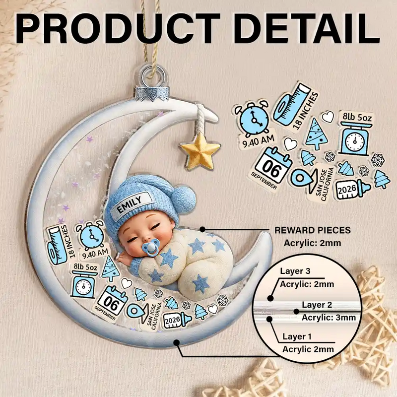Adorable,Gift For Baby,Christmas,Icon - Baby Sleeping On The Moon First Christmas - Personalized 3-Layered Acrylic Shaker Ornament