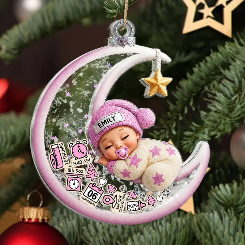 Adorable,Gift For Baby,Christmas,Icon - Baby Sleeping On The Moon First Christmas - Personalized 3-Layered Acrylic Shaker Ornament